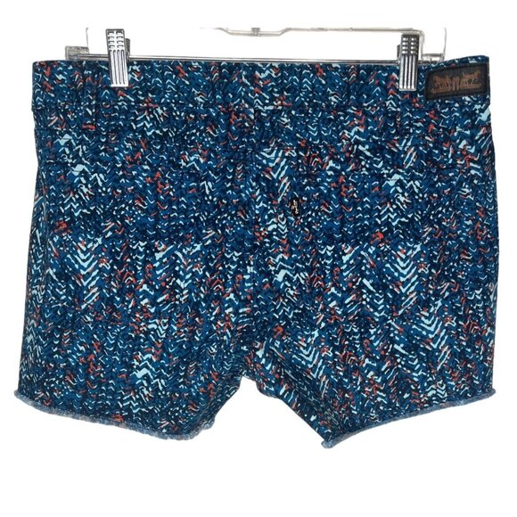 Levi’s Printed Denim Cutoff Shorts Size 12 Blue Orange Pattern Summer Casual - Picture 2 of 9